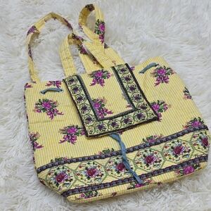 Yellow Floral Cotton Tote Bag with Pink Bouquet Accents